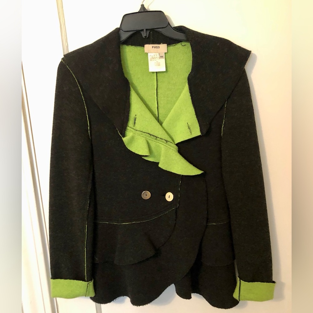 FUZZI Double Breasted Two Ply Wool Blazer Jacket Green Charcoal Black XS EUC